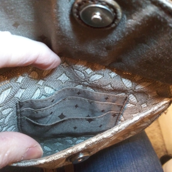 Fossil Leather Trimmed Taupe & Ivory Metallic Brocade Convertible Crossbody - Picture 13 of 15